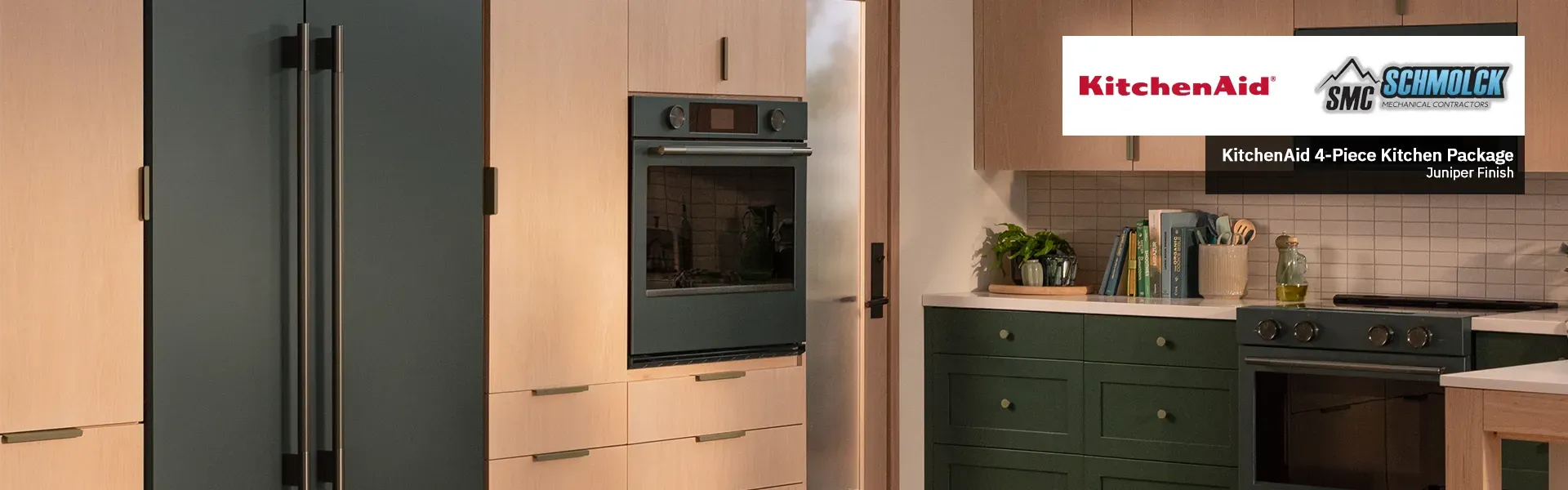 Kitchenaid Promo Banner featured a kitchen set in Juniper Finish for Schmolck Mechanical Contractors.